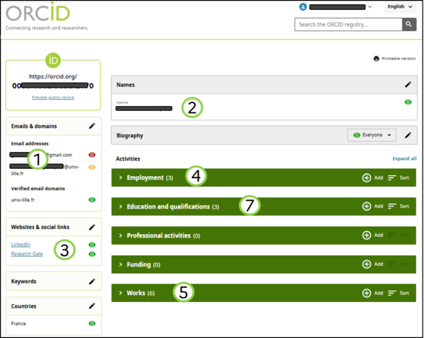 Screenshot of the ORCID profile to view the fields to be completed